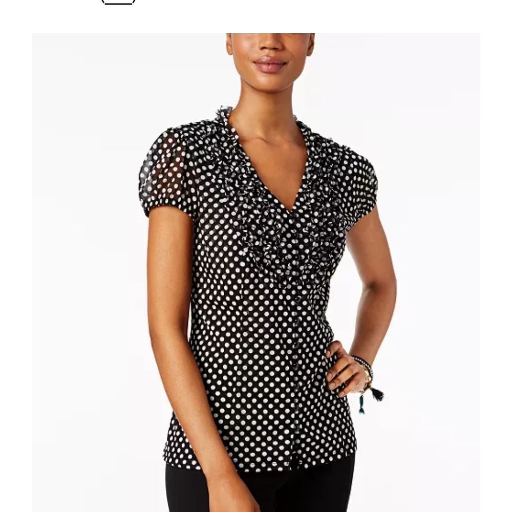 INC International Concepts Black and White Ruffled Cap Sleeve Blouse